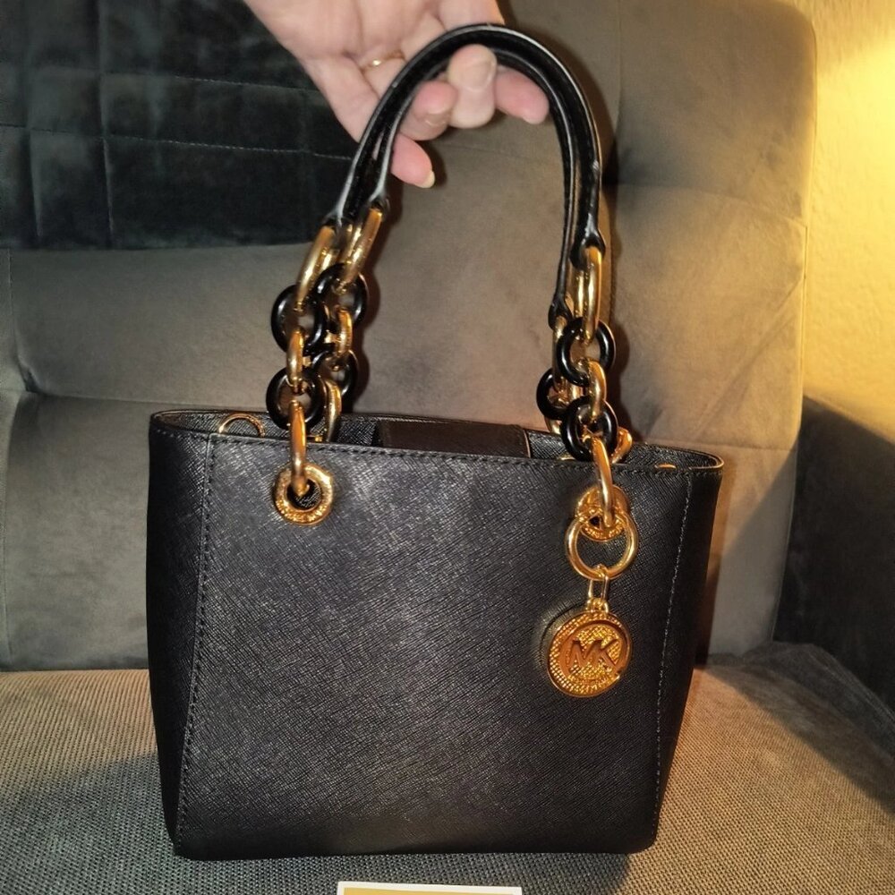 MICHAEL KORS Black/Gold Saffiano Leather Mini Purse w/Chain Detail